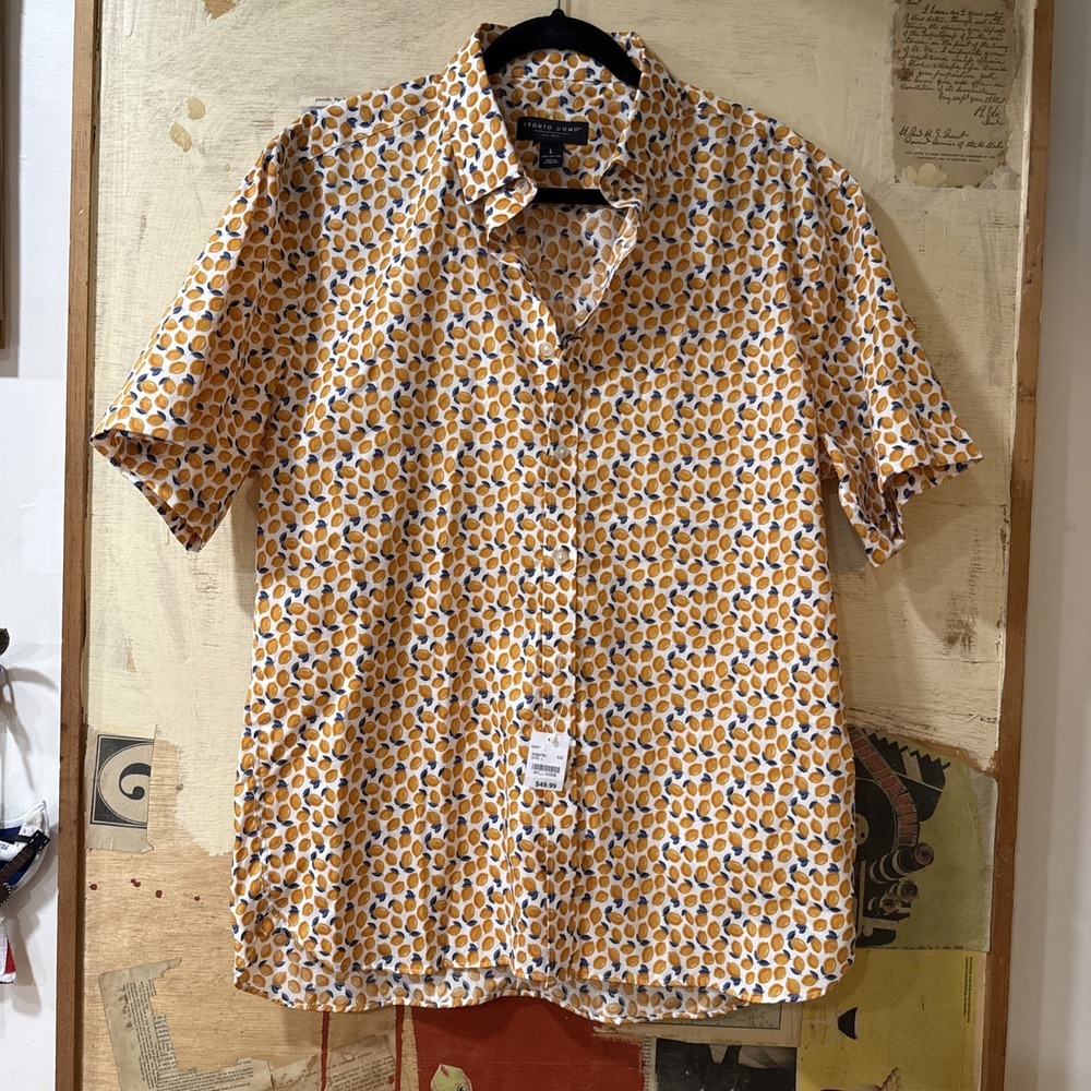 Pronto Uomo Mens Short Sleeve Lemon Printed Button Up Shirt‎ Orange Blue Large